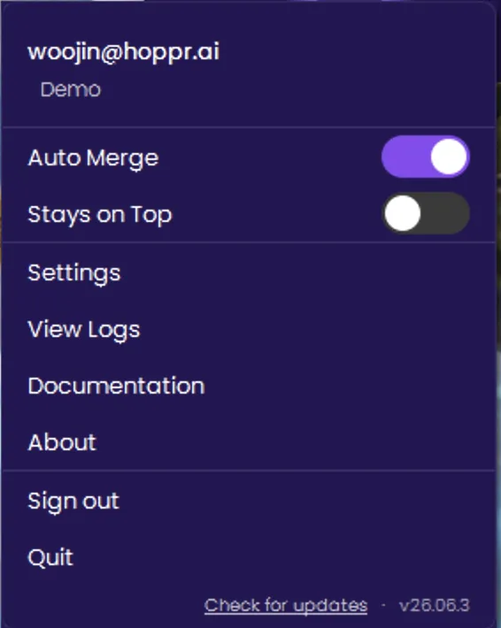 Presto widget menu open, showing the Auto Merge toggle alongside Stays on Top, Settings, and other options