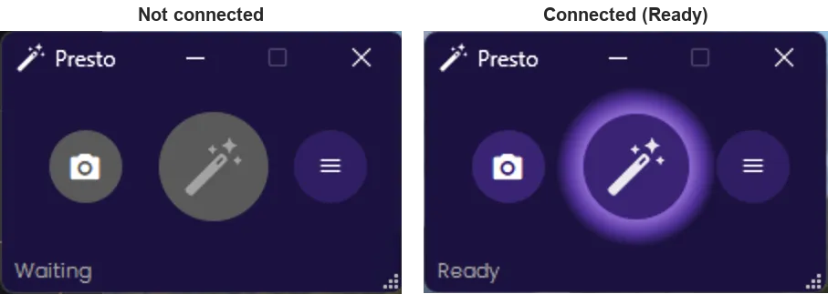 Presto widget in the not-connected (grayed, Waiting) state versus the connected (purple, Ready) state
