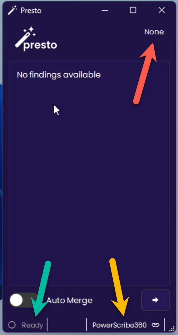 Presto widget showing No findings available and Ready status before a report is opened