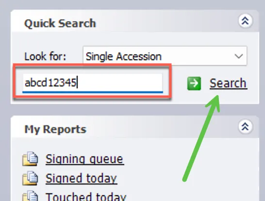 Quick Search panel with a test accession number entered