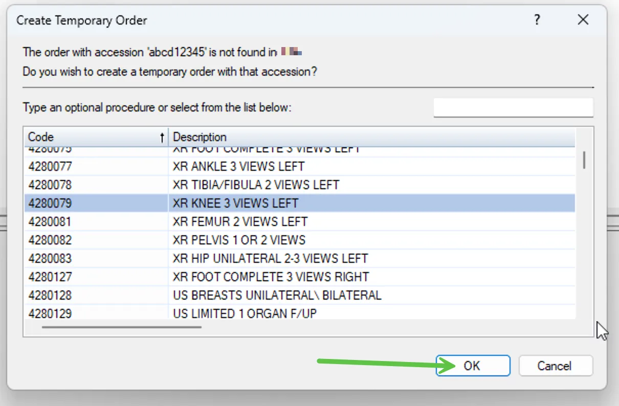 Create Temporary Order dialog with procedure code list