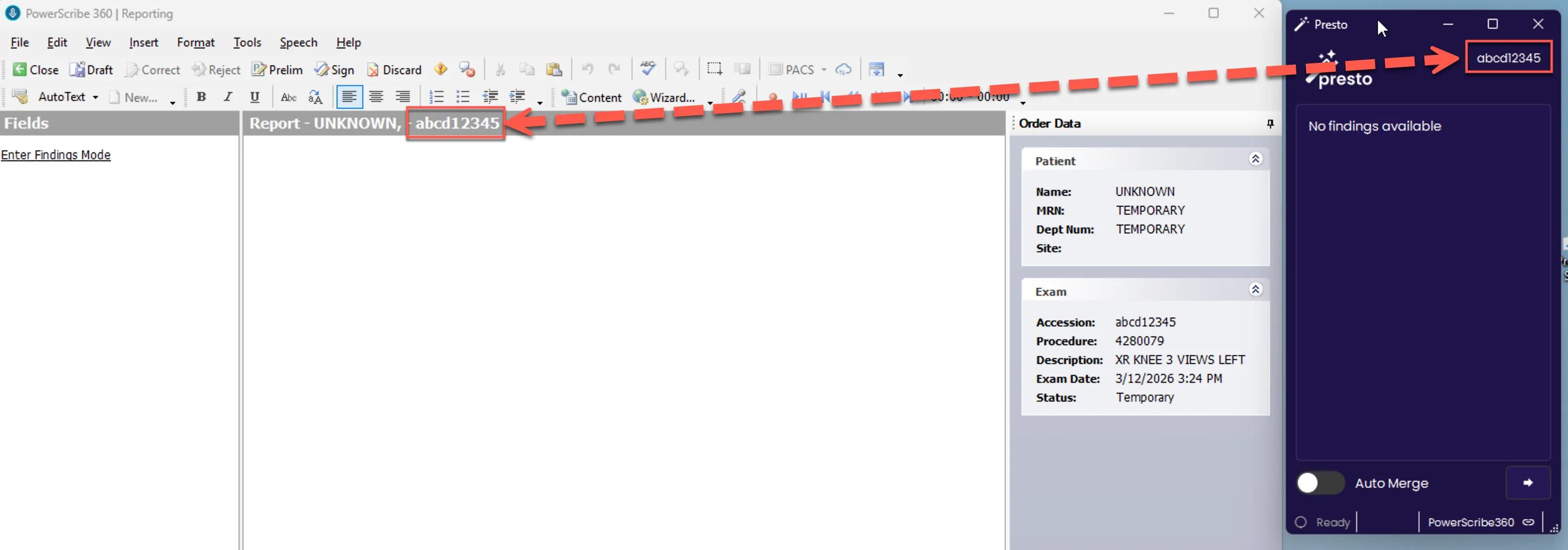 Blank PowerScribe report alongside Presto widget showing matching accession number