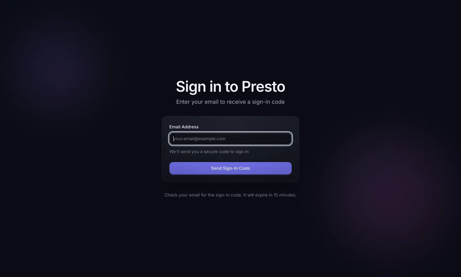 The Sign in to Presto page with the Email Address field and the Send Sign-In Code button