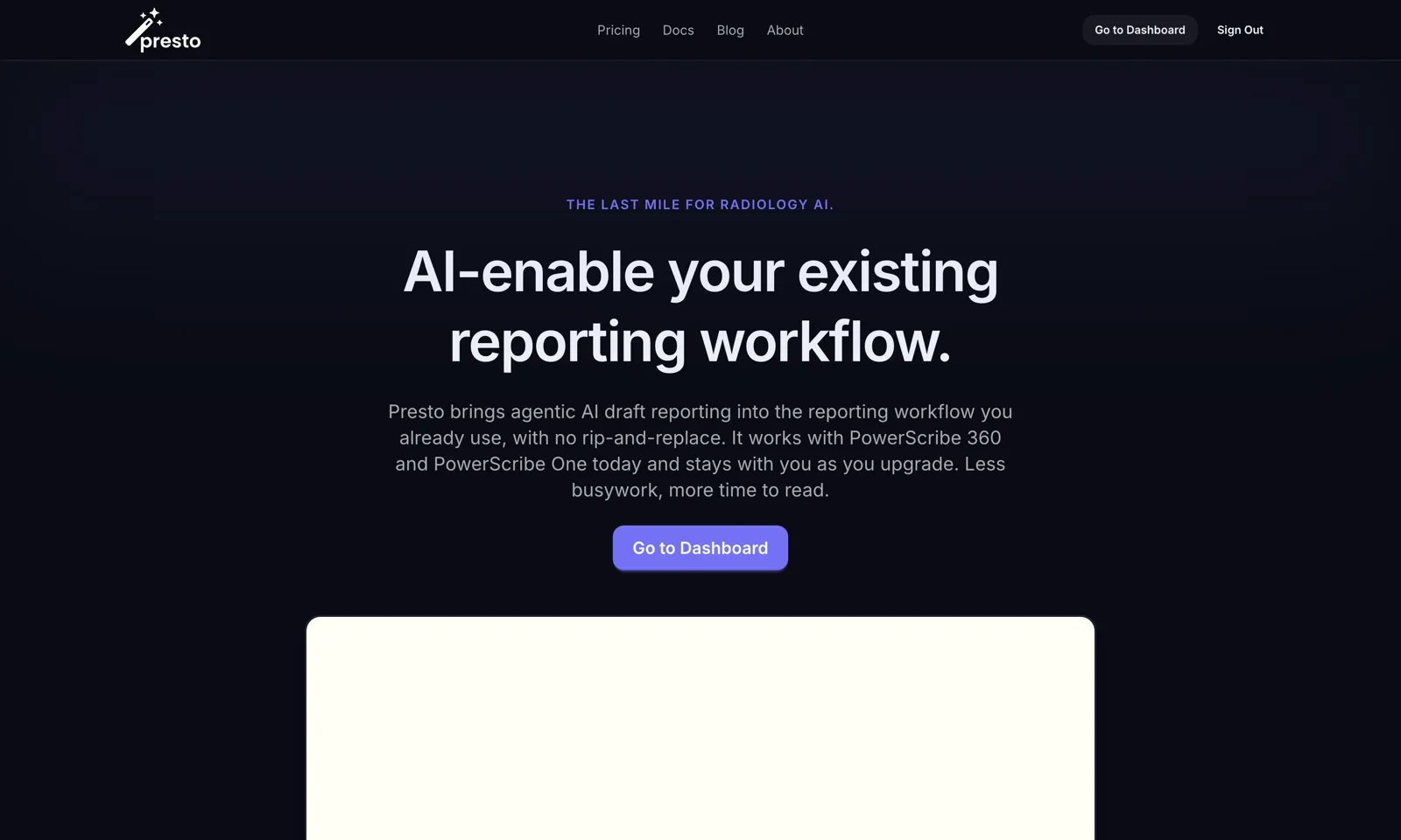 The Presto home page after signing in, showing the Go to Dashboard button