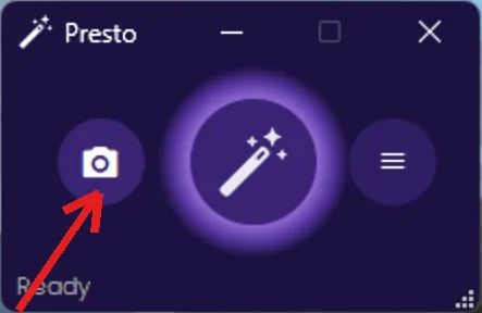 Presto widget with a red arrow pointing to the OCR camera button on the left