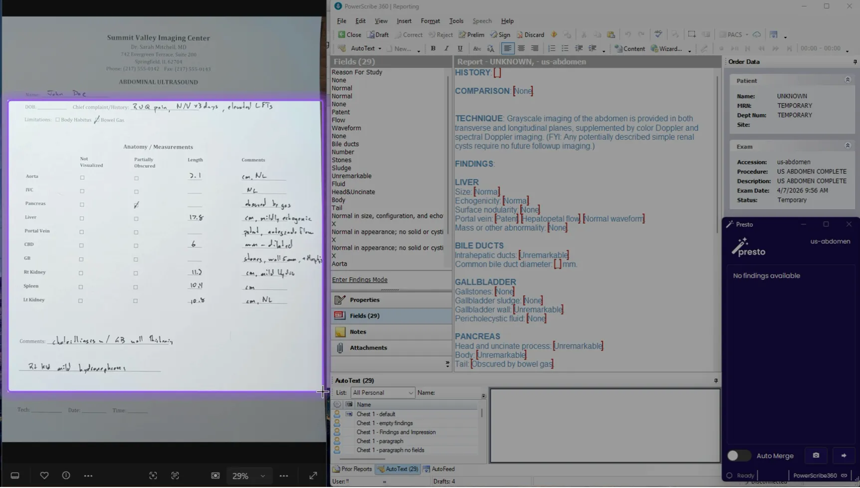 Full screen showing region selection bounding box drawn around a handwritten ultrasound tech worksheet, with PowerScribe report and Presto widget visible