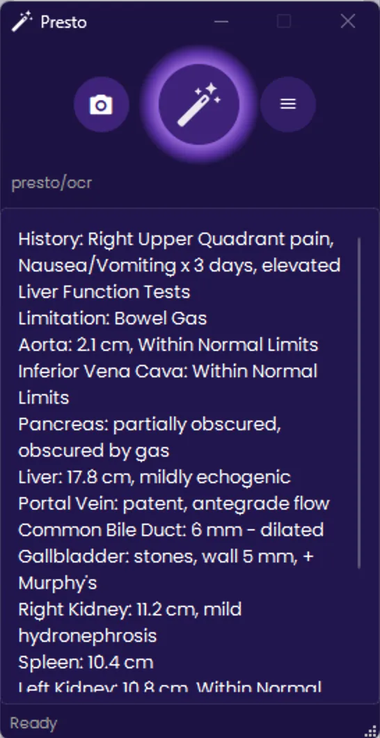 Presto widget populated with extracted measurements from the ultrasound sonographer worksheet