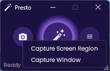 Right-click menu on the camera button showing Capture Screen Region and Capture Window options