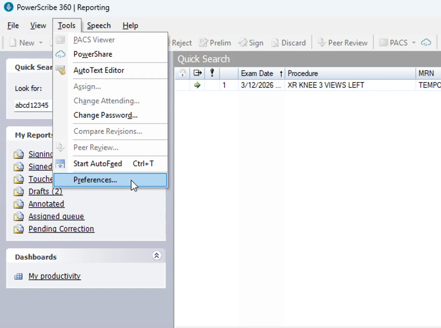 PowerScribe 360 Tools menu with Preferences highlighted