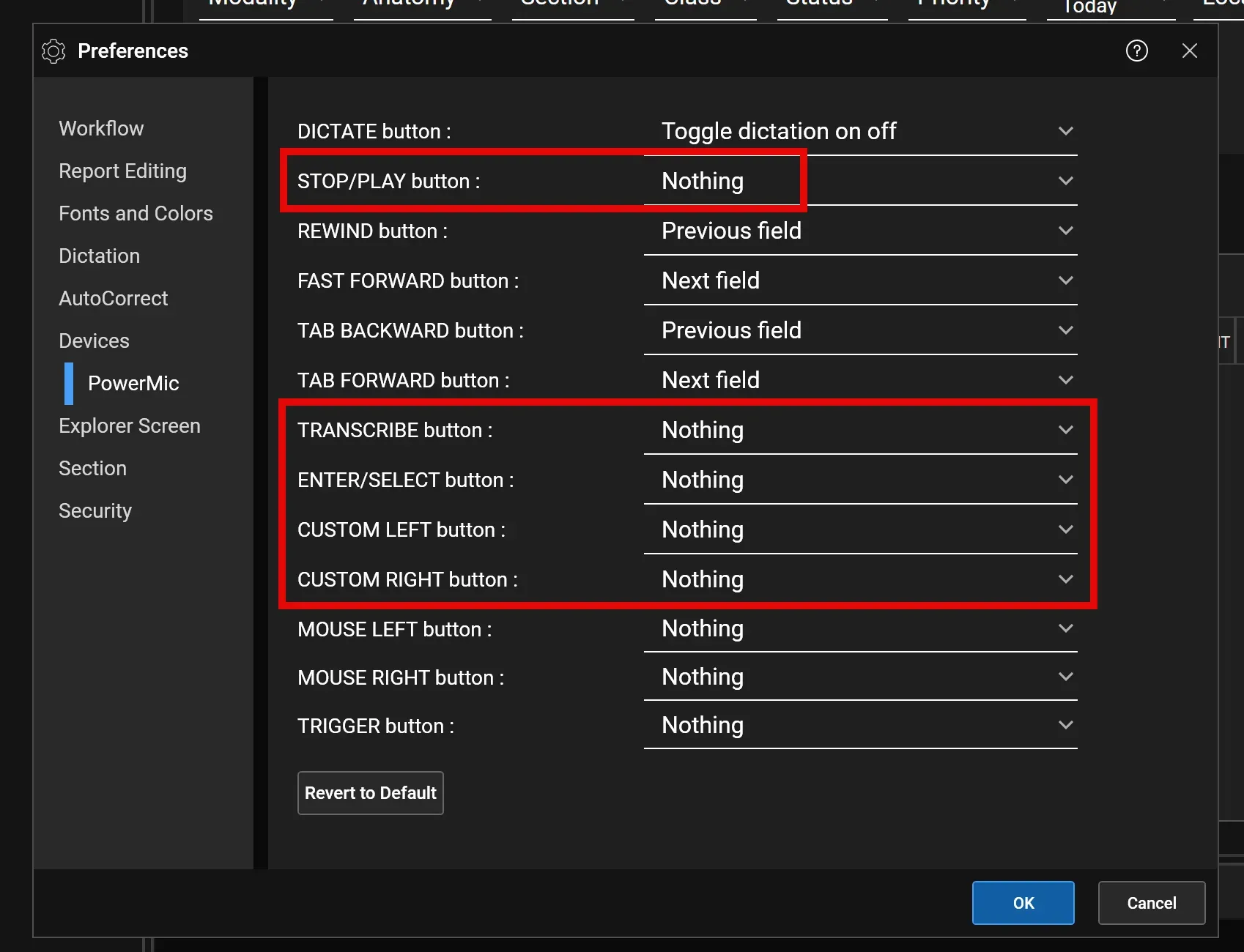 PowerScribe One 2023 Preferences showing PowerMic button settings