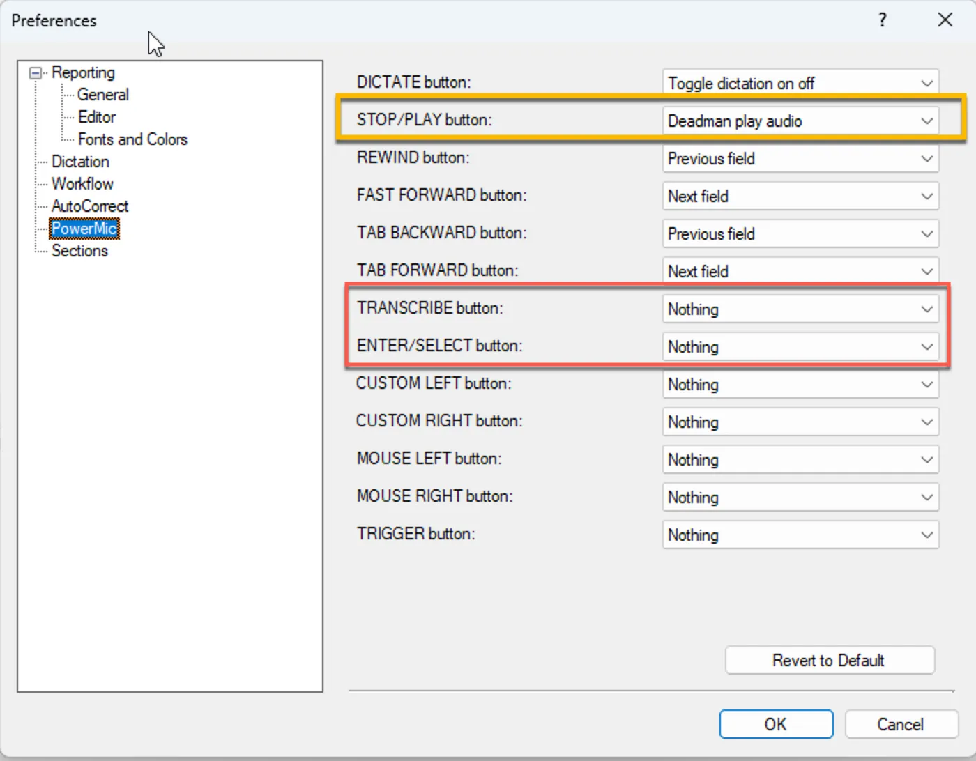 PowerScribe Preferences showing PowerMic button settings