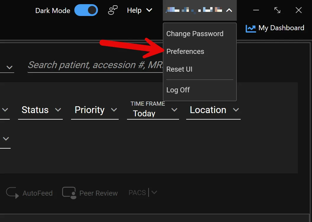 PowerScribe One user-name menu with Preferences highlighted