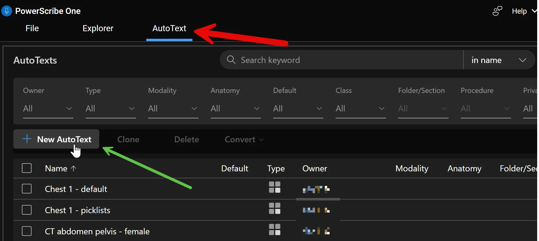 PowerScribe One AutoText tab with the New AutoText button highlighted