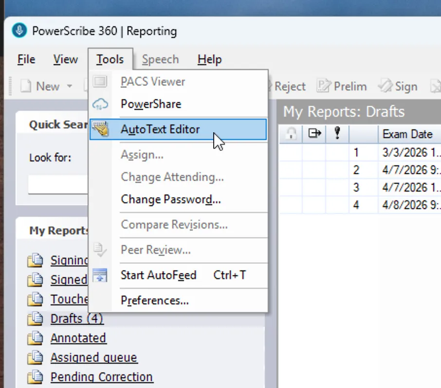 PowerScribe Tools menu with AutoText Editor highlighted