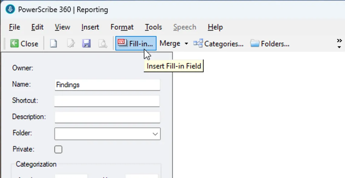 AutoText Editor with the Fill-in button highlighted in the toolbar