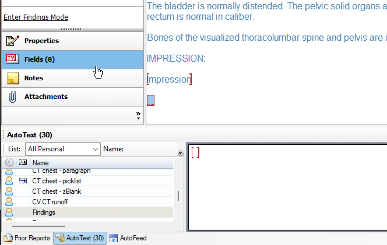 PowerScribe Fields panel showing Presto Findings in the AutoText list, with the report template visible
