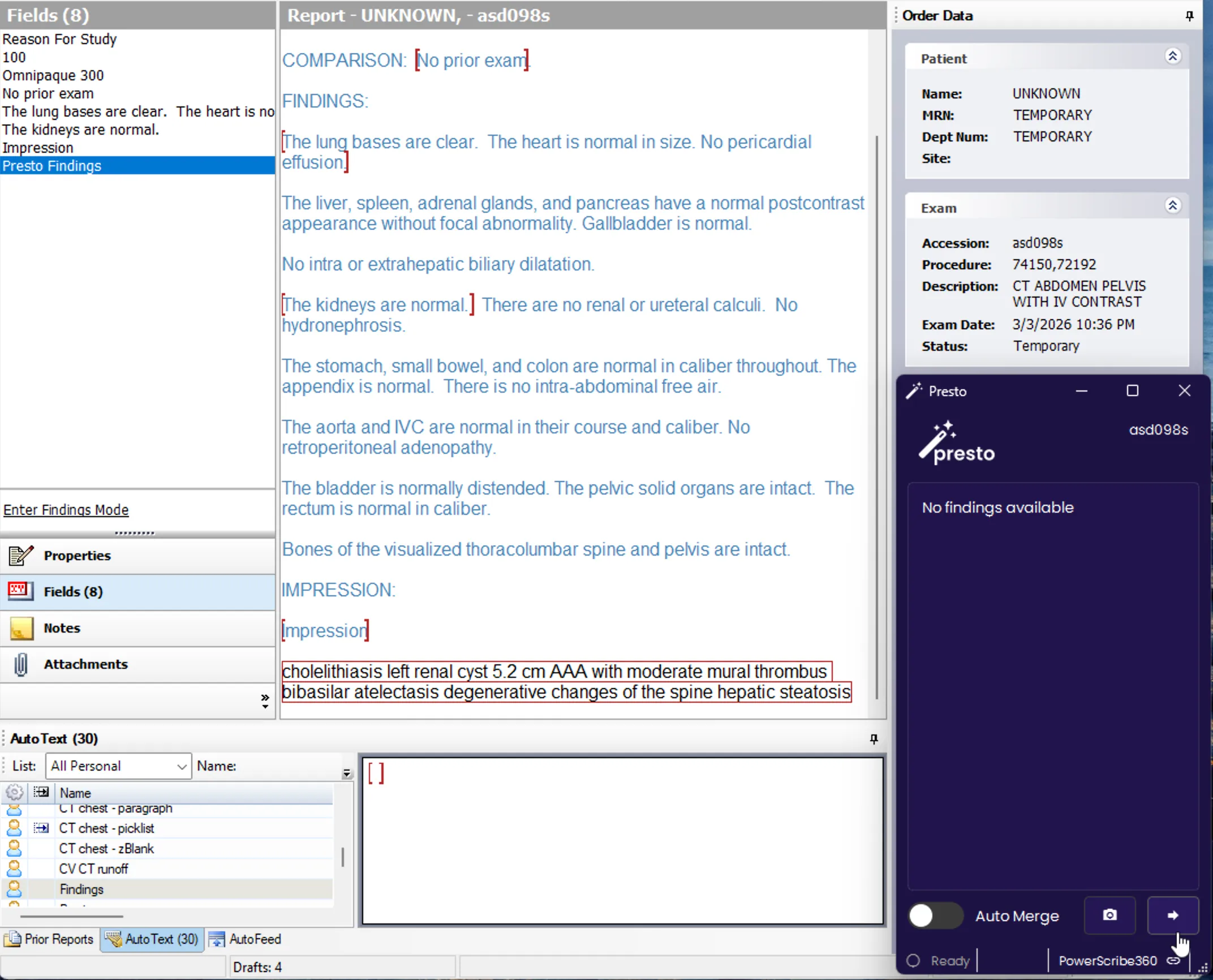 PowerScribe report with findings dictated into the Presto Findings field, Presto widget visible on the right