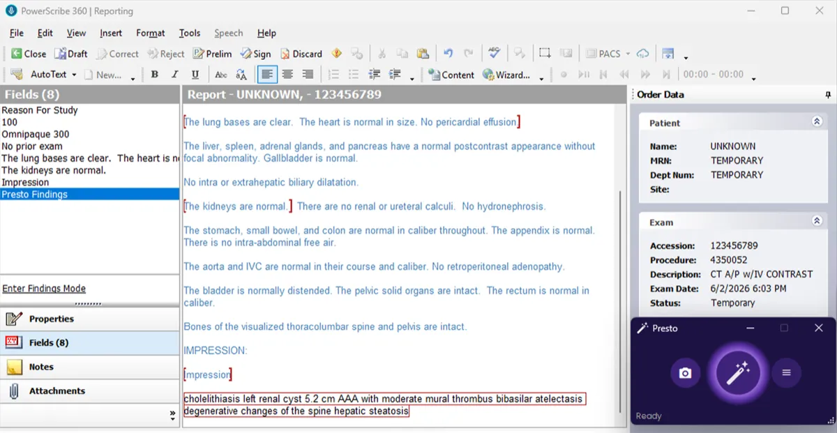 PowerScribe report with findings dictated into the Presto Findings field, Presto widget visible on the right