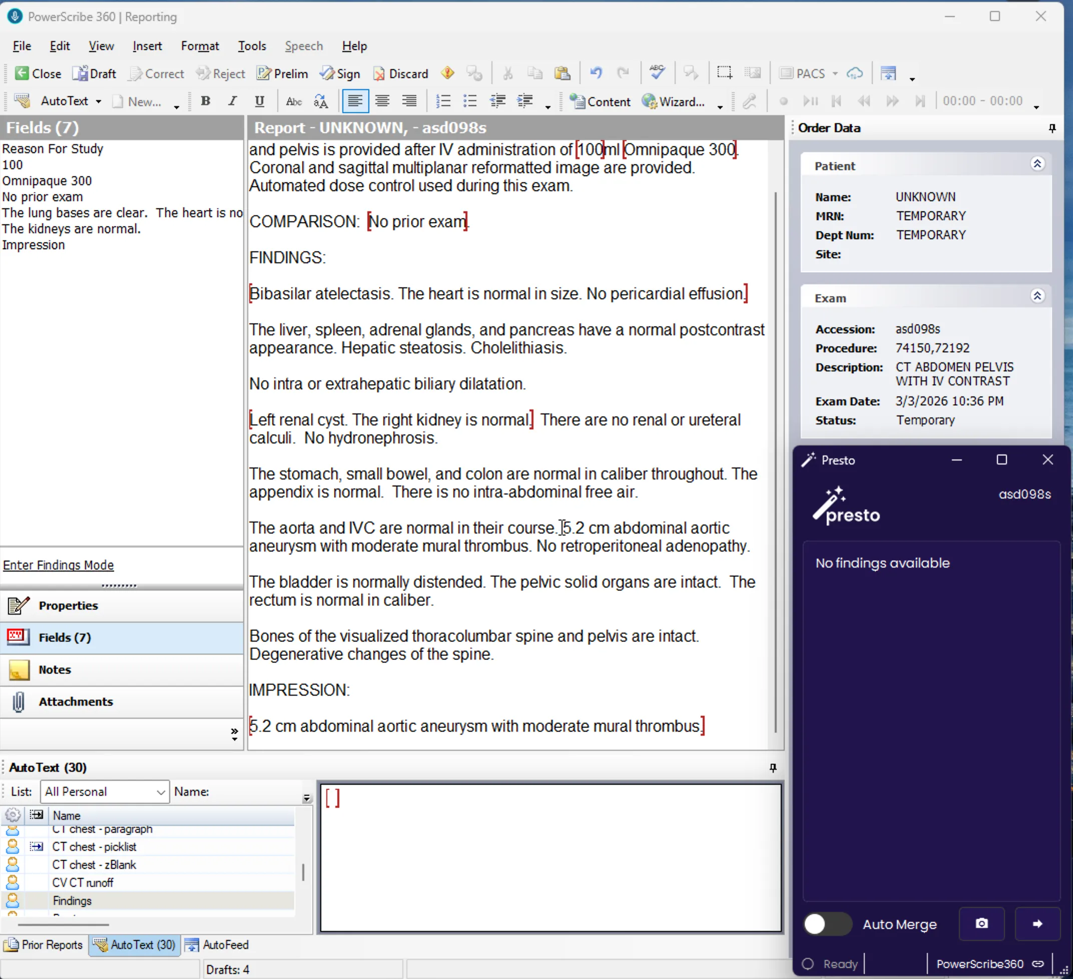 PowerScribe report after merge with findings routed into template fields and impression generated