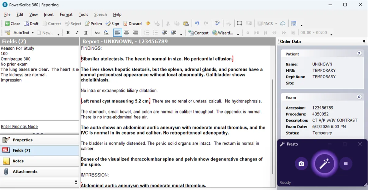 PowerScribe report after merge with findings routed into template fields and impression generated