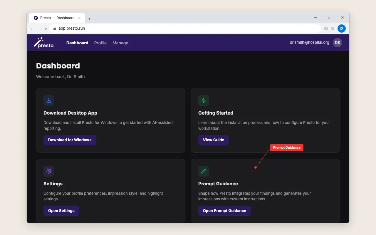 Presto Dashboard showing four cards including Prompt Guidance