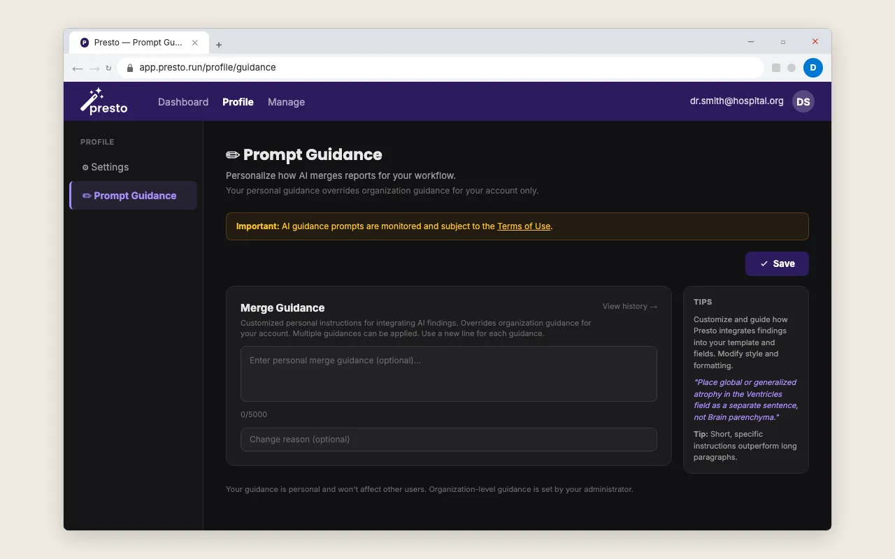 Prompt Guidance page showing empty Merge Guidance card