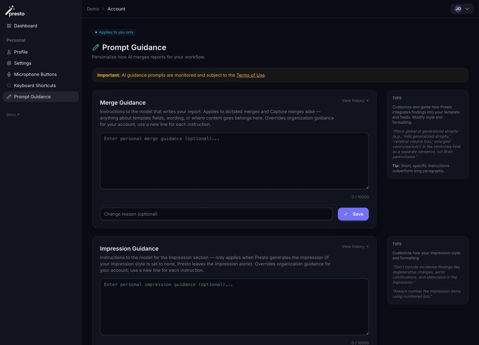 Prompt Guidance page showing the Merge Guidance and Impression Guidance slots, both empty