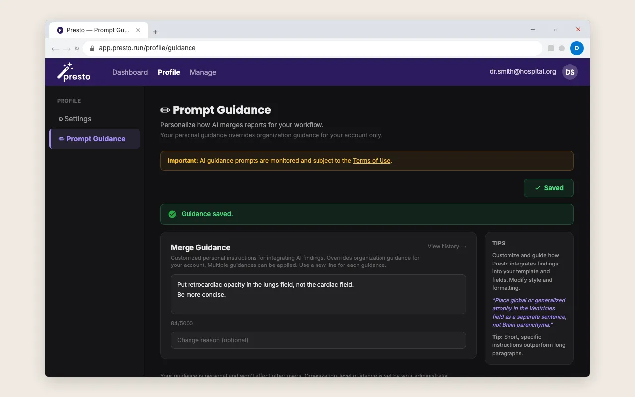 Prompt Guidance page showing green success banner after saving