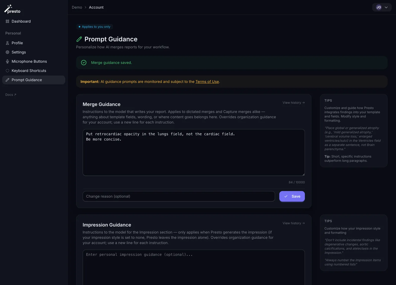 Prompt Guidance page showing green success banner after saving