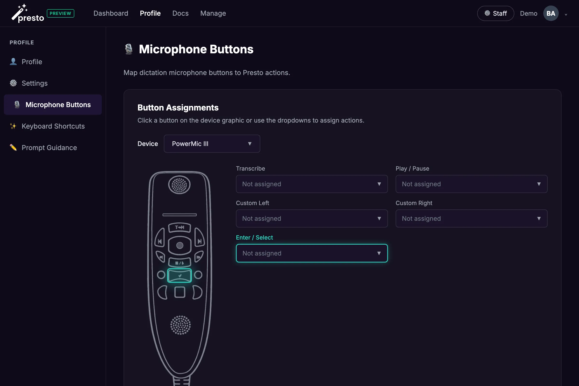 Presto settings page showing the Microphone Buttons editor with PowerMic III selected