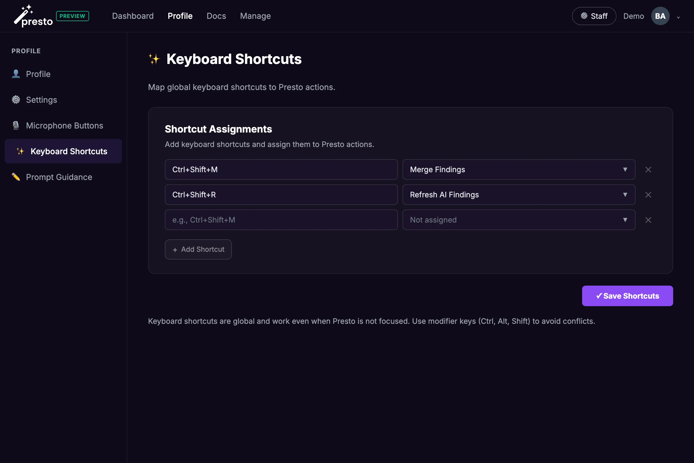 Presto Keyboard Shortcuts page showing shortcut assignments